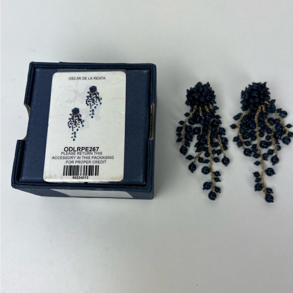 Women’s Oscar De La Renta,Azure Beaded Cascade ClipOn Earrings-4”.NavyBlue/Gold.